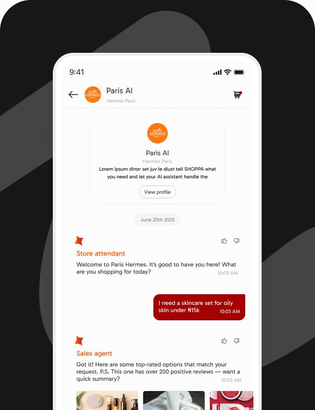 Phone showing user typing their shopping request to SHOPPA AI assistant
